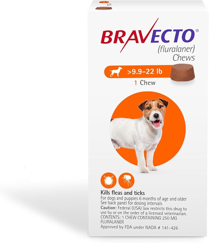 BRAVECTO Chew for Dogs, Flea & Tick, 1 Chew, 12 Week Supply, 9.9-22 lbs., Orange Box