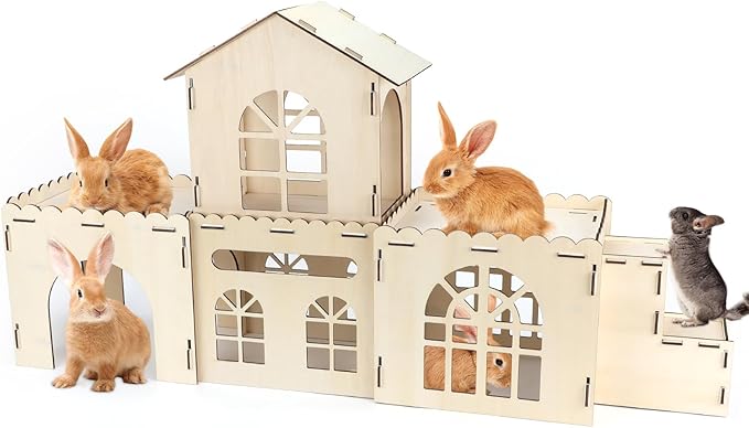 Extra Large Bunny Castle Hideout, Wooden Bunny House and Hideouts Detachable Rabbits Hideaway, Indoor Rabbit Castles Sturdy Small Animal Play Hideaway Hut for Rabbits, Guinea Pigs, Chinchillas