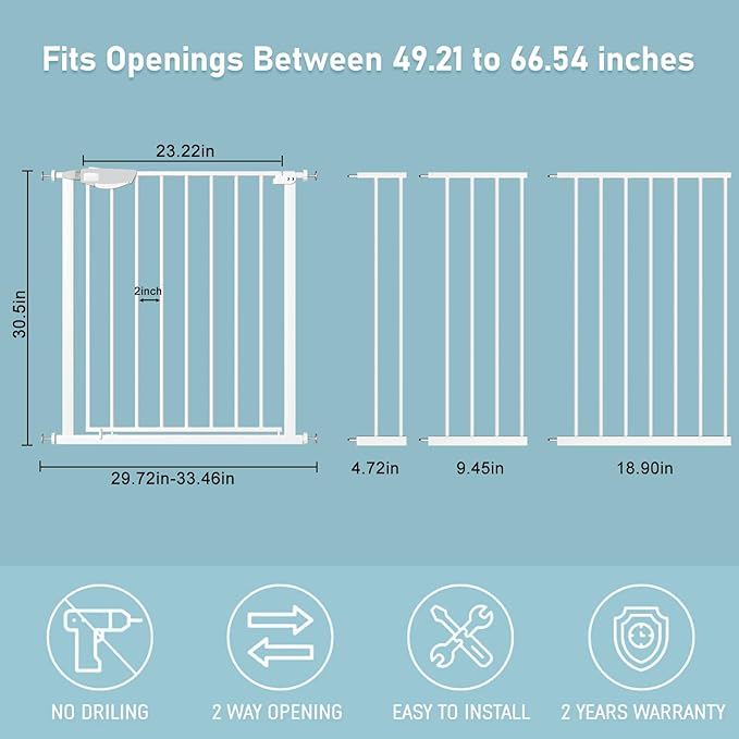 WAOWAO Triple Lock 49.21-66.54" Baby Gate Extra Wide Pressure Mounted Walk Through Swing Auto Close Safety White Metal Dog Pet Puppy for Stairs,Doorways,Kitchen
