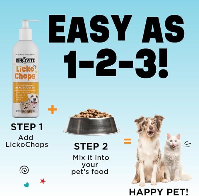 Dinovite Lickochops for Dog & Cat Supplement Enhanced with Omega-6, 3 Fatty Acids, Probiotics and Vitamin E, 16 oz with Pump