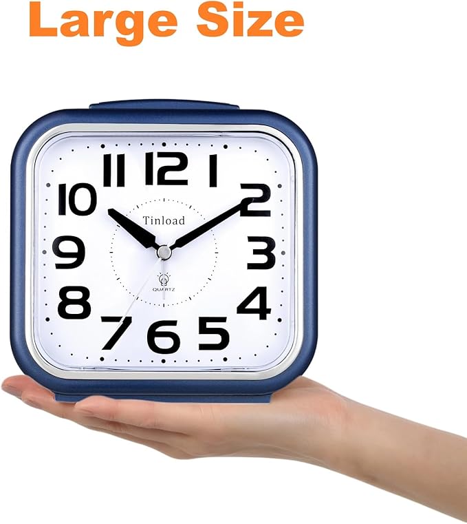 5.5" Large Analog Alarm Clock Silent Non Ticking, Gentle Wake, Beep Sounds, Increasing Volume, Battery Operated Snooze and Manual Light, Easy Set, Blue
