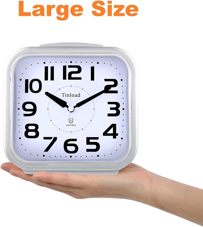 5.5" Large Analog Alarm Clock Silent Non Ticking, Gentle Wake, Beep Sounds, Increasing Volume, Battery Operated Snooze and Manual Light, Easy Set, Silver
