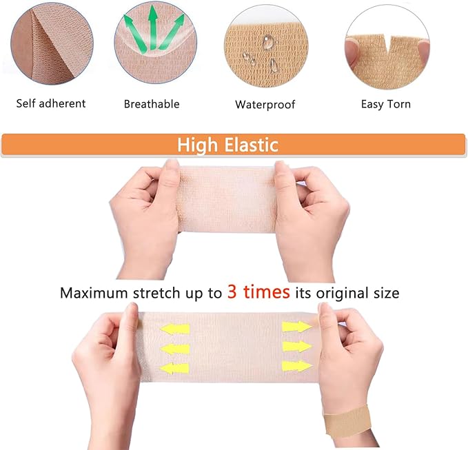 Self Adhesive Tape Wrap 15Rolls,Non-Woven Self Adherent Vet Wrap Tape,5CM x 5Yard | Cohesive Bandage Tape for Wrist & Ankle,Elastic Grip Cover (Skincolor-15Rolls)