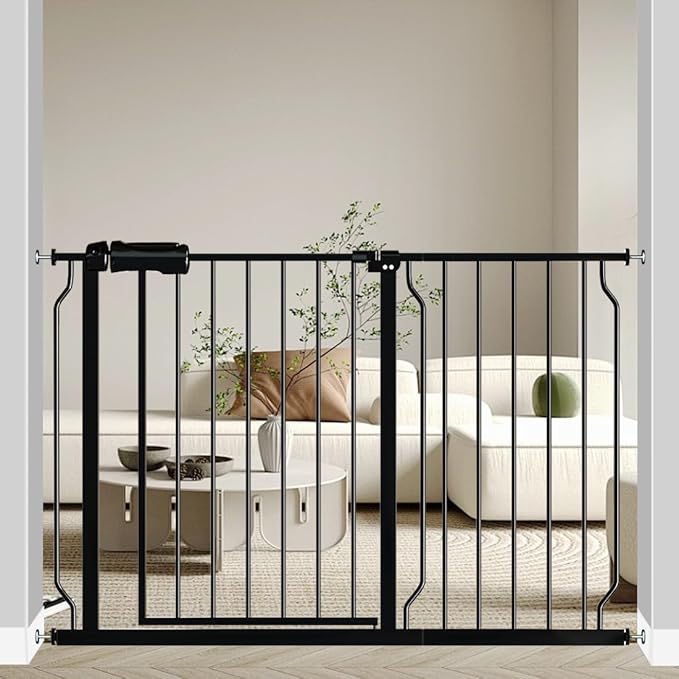 Fairy Baby Walk Through Baby Gate 43.5-48 Inch Wide, Pressure Mounted Safety Gate with Door No Drill, Black Tension Metal Gate for Dog and Toddler