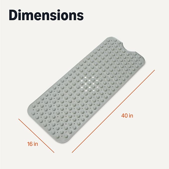 Amazon Basics Non-Slip Bath Mat with Suction Cups for Tub and Shower, 40" x 16", Grey