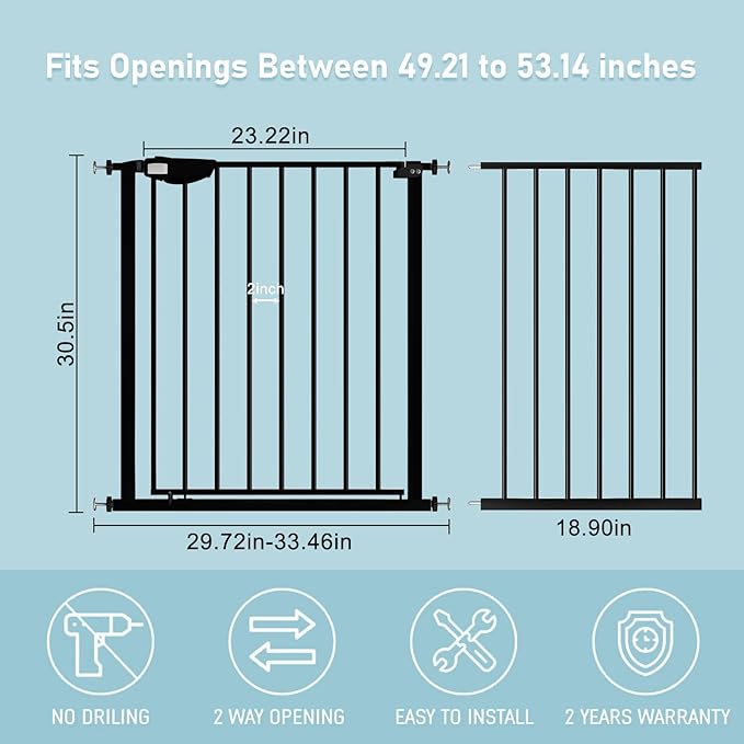 WAOWAO Triple Lock Baby Gate Extra Wide 49.21-53.14" Pressure Mounted Walk Through Swing Auto Close Safety Black Metal Dog Pet Puppy for Stairs,Doorways,Kitchen