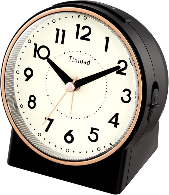 4.3" Retro Analog Alarm Clock, Vintage Decor, No Ticking Silent, Easy to Set, Gradual Rise Alarm, On/Off Switch on Side, Gentle Wake, Snooze, Lighted on Demand, Battery Operated, Retro Black