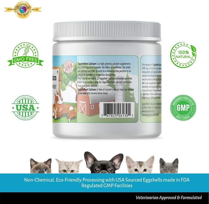 Calcium for Dogs and Cats - Fine Eggshell Powder - Strong Hip & Joint Supplement for Dogs and Cats- Dietary Supplement - No Additives - Pet's Friend Eggshellent Calcium 16oz