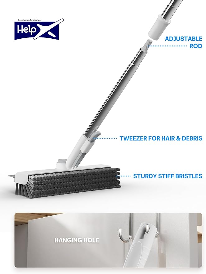 Floor Scrub Brush with Long Handle, 3 in 1 Scrape and Heavy-Duty Stiff Bristle Floor Scrubber Brush with Squeegee and Tweezer for Cleaning Tile Wall Deck Bathroom Patio Garage Kitchen (White)