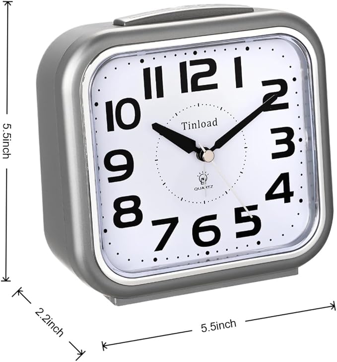 5.5" Large Analog Alarm Clock Silent Non Ticking, Gentle Wake, Beep Sounds, Increasing Volume, Battery Operated Snooze and Manual Light, Easy Set