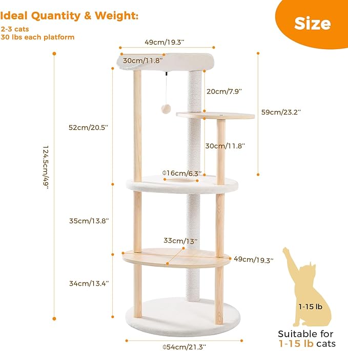PETEPELA Wood Cat Tree Tower for Indoor Cats,5-Level Cat Climbing Tree Cat Play House with Sisal Scratching Posts Beige