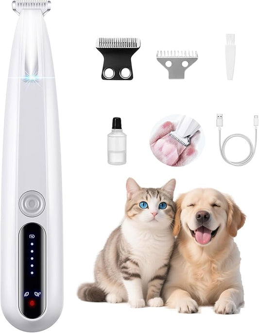 2 Mode Paw Trimmer for Dogs & Cats - Electric Quiet Dog & Cat Grooming Trimmer, Rechargeable Clipper with LED Light, 2 Blades, Waterproof for Paws/Ears/Face