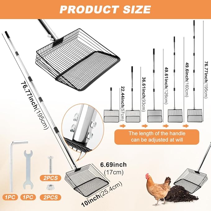 10inch Chicken Poop Scooper, Chicken Coop Scoop for Poop, 4 Sections Extended with 22 to 77inch Stainless Steel Adjustable Handle, Litter Scooper Sifting Shovel