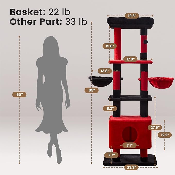 Gardner Pet 65in Heavy Duty Cat Tree Tower for Large Cats, Multi-Level Cat Furniture with Replaceable Sisal Scratching Post, Hammock | Extra-Large Platform & Condo (Black Red, Basic φ:2.84")