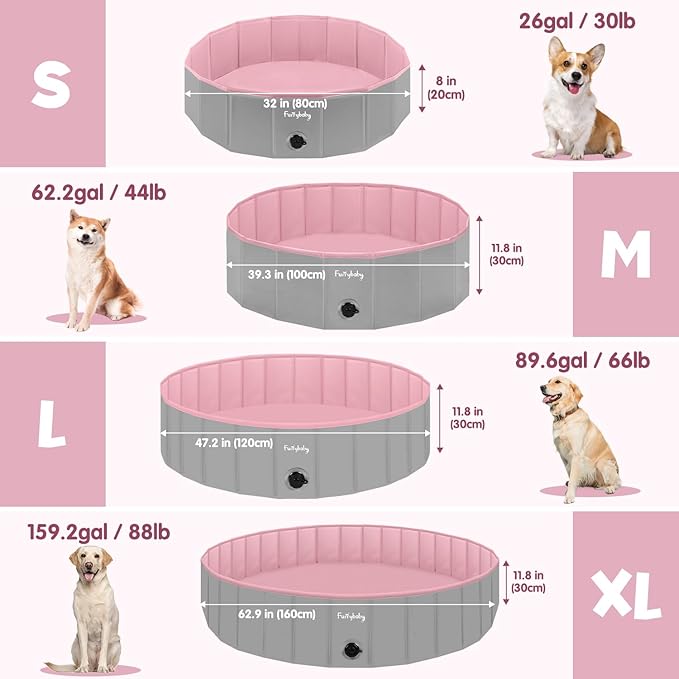 Furrybaby Dog Pool, Kiddie Pool Hard Plastic Foldable Dog Pools for Large Dogs Portable Pet Doggie Wading Swimming (Pink 47'') Indoor and Outdoor