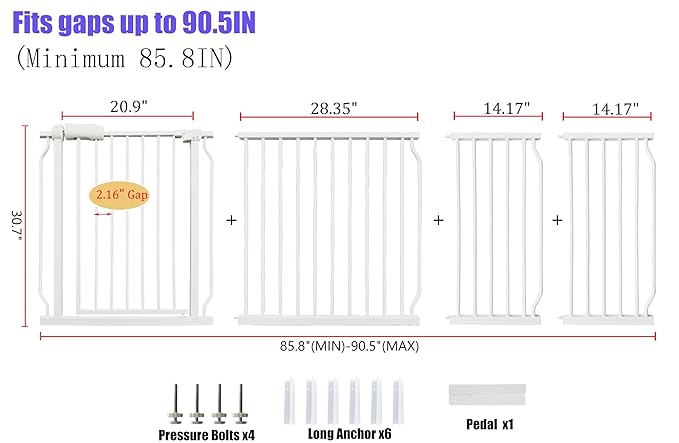 Extra Wide Baby Gate 85.8-90.5 Inch, Pressure Mounted No Drilling, for Stairs & Doorways, Metal White Indoor Safety Gate for Kids and Dogs