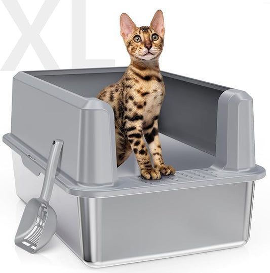 Enclosed Stainless Steel Cat Litter Box with Lid, XL Extra Large Litter Box for Big Cats, Metal Litter Pan High Sided, Never Absorbs Odors, Anti-Urine Leakage, Include Scoop (SH-Light Gray)