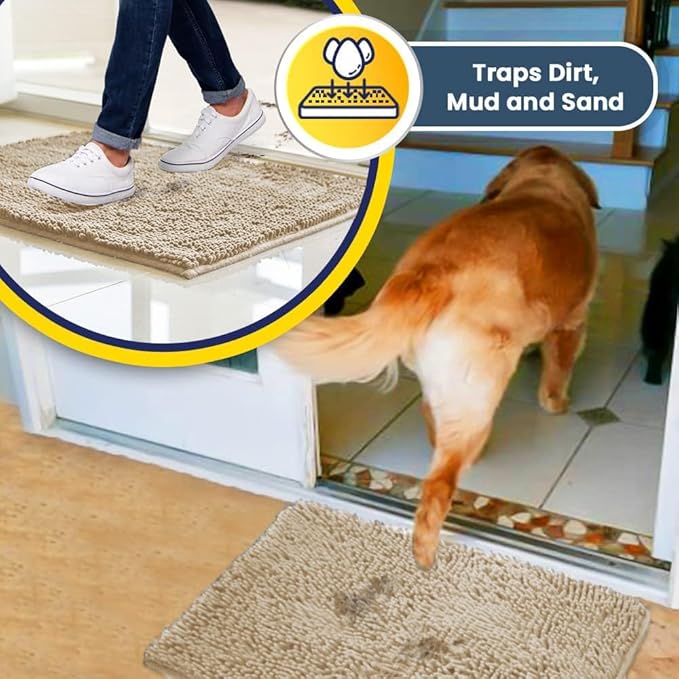 Muddy Mat® AS-SEEN-ON-TV Highly Absorbent Microfiber Door Mat and Pet Rug, Non Slip Thick Washable Area and Bath Mat Soft Chenille for Kitchen Bathroom Bedroom Indoor and Outdoor - Beige XXXL 72"X48"