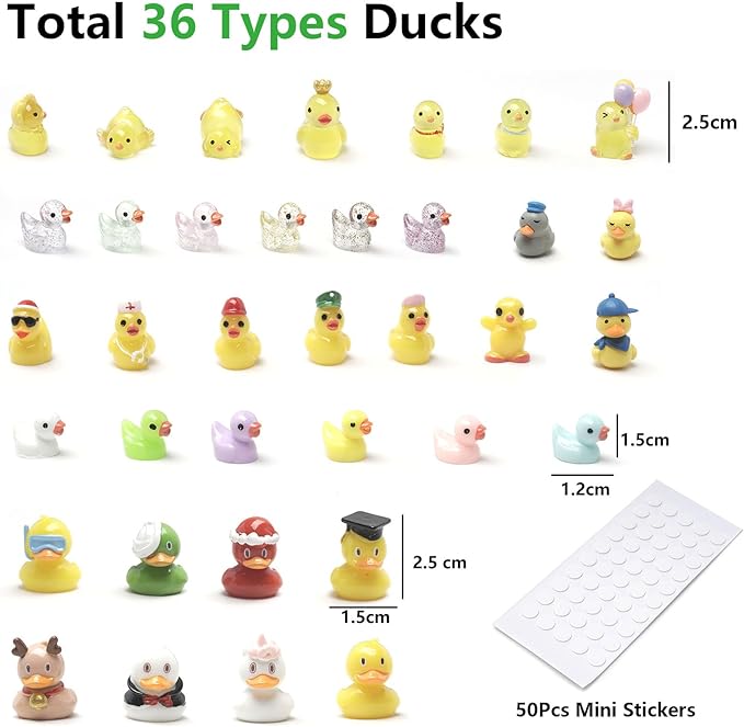 36 Types Multicolor Mini Resin Ducks, Plastic Tiny Ducks to Hide Prank, Little Ducks Mini Figures for Fairy Garden, Dollhouse,Terrariums, Potted, Miniature Landscape Ornament