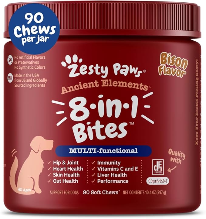 Zesty Paws Dog Multivitamin, Chewable Dog Vitamins and Supplements for Hip & Joints, Skin & Coat, Omega 3 Fish Oil for Dogs- Senior & Puppy Multivitamin - Bison- 90ct