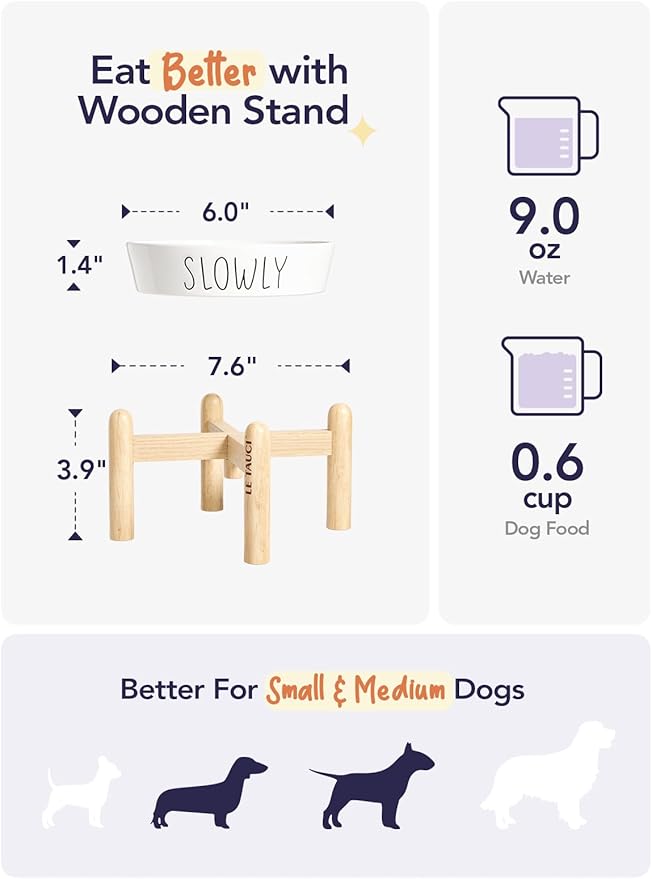 Ceramic Elevated Slow Feeder Dog Bowl - 0.6 Cup Puzzle Feeder with Wooden Stand for Small Breeds, White Pet Dish