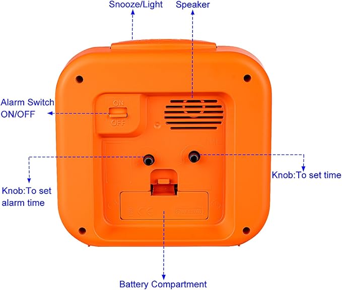 5.5" Large Analog Alarm Clock • Silent Non Ticking • Gentle Wake • Beep Sounds • Increasing Volume • Battery Operated Snooze and Manual Light • Retro Orange