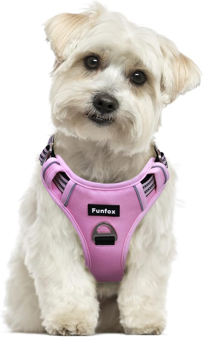 Funfox Dog Harness No Pull, Adjustable Pet Vest Harness, Super Soft Material with Vertical Handle Easy Control, Reflective Night Walking, 2 Leash Clips for Small Sized Dogs, Pink, S