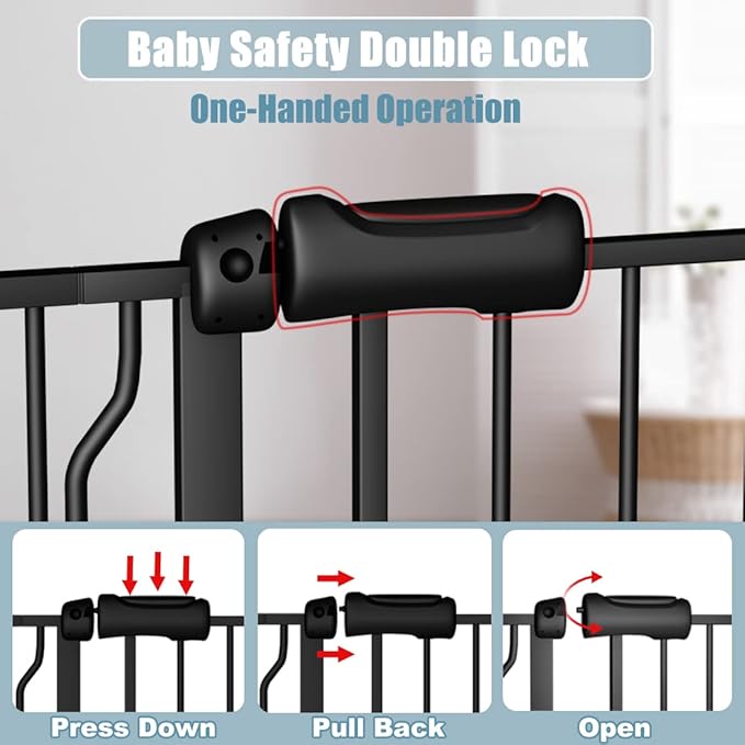 Black Baby Gate 29-34 Inch Wide Walk Through Pressure Mounted Safety Gate with Door No Drill Tension Metal Gate for Dog Cat and Toddler