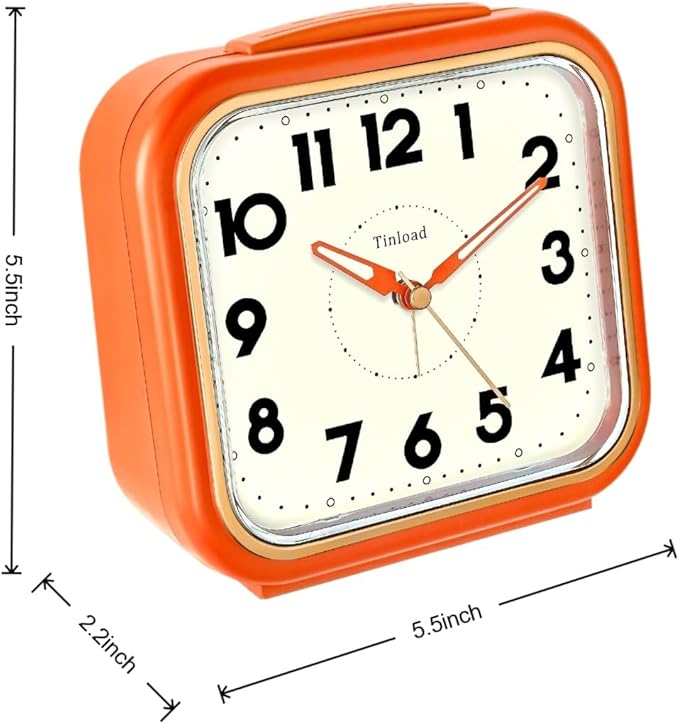 5.5" Large Analog Alarm Clock • Silent Non Ticking • Gentle Wake • Beep Sounds • Increasing Volume • Battery Operated Snooze and Manual Light • Retro Orange
