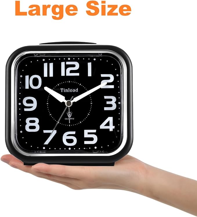 5.5" Large Analog Alarm Clock Silent Non Ticking, Gentle Wake, Beep Sounds, Increasing Volume, Battery Operated Snooze and Manual Light, Easy Set, Black (Best for Elder)