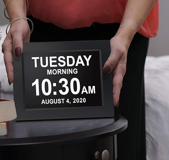 American Lifetime Large Digital Clock for Seniors, Black, 8 inch, with Day & Date, Customizable Alarms, Auto-Dimming, Multi-Language Support, Battery Backup, Easy Setup, and Gift Option