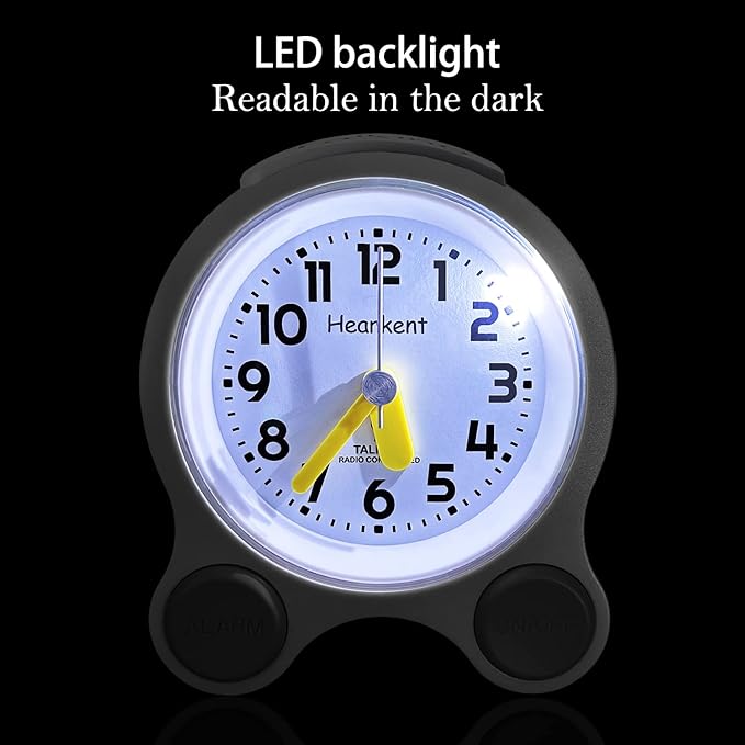 Atomic Talking Clock Clear Voice Time and Date with Snooze and Light, Clocks for Seniors 5 Sets of Separate Alarms Non Ticking Volume Control(All Black)