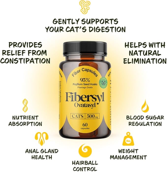 FiberSyl Ovatasyl Prebiotics for Cats Digestive Health - Cat Fiber Supplements for Constipation Relief & Support - Psyllium Husk Seed to Support Digestion Problems - Cat Stool Hardener - 60 Capsules