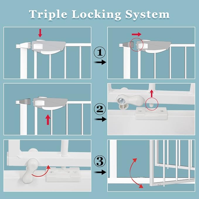 WAOWAO Triple Lock Baby Gate Extra Wide 35.04-38.97" Pressure Mounted Walk Through Swing Auto Close Safety White Metal Dog Pet Puppy Cat for Stairs,Doorways,Kitchen