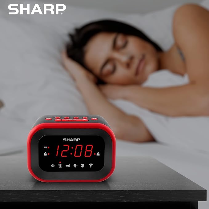 Sharp Big Bang Super Loud Alarm Clock for Heavy Sleepers, 6 Extremely Loud Wake Up Sounds: Rooster, Bugle, Nagging Mom, Jackhammer, Siren, Beep – Up to 115db Volume, Red/Black with Red LED Display