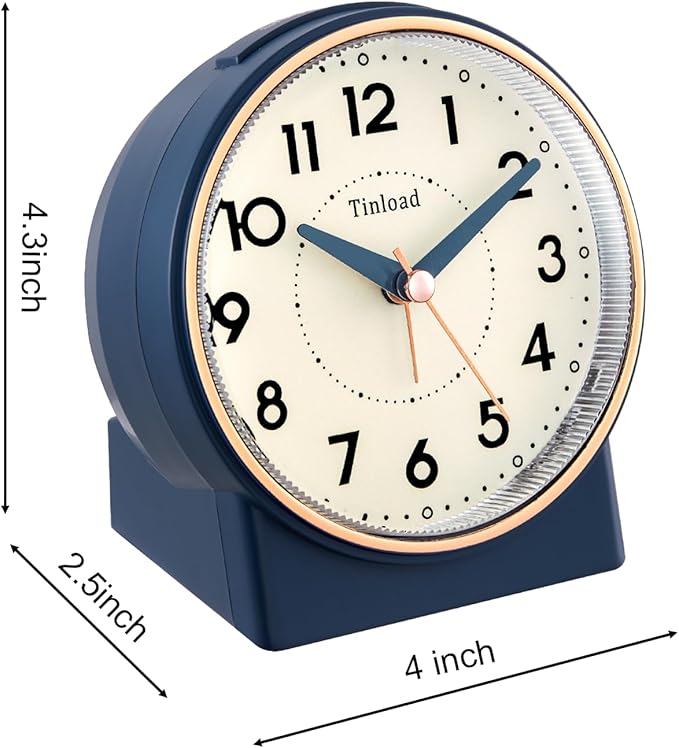 4.3" Retro Analog Alarm Clock, Vintage Decor, No Ticking Silent, Easy to Set, Gradual Rise Alarm, On/Off Switch on Side, Gentle Wake, Snooze, Lighted on Demand, Battery Operated, Retro Blue