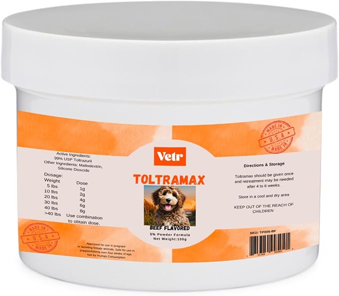 Vetr's Toltramax Toltrazuril Powder for Horses, Dogs, Cats, 100g (5.0%, Beef)
