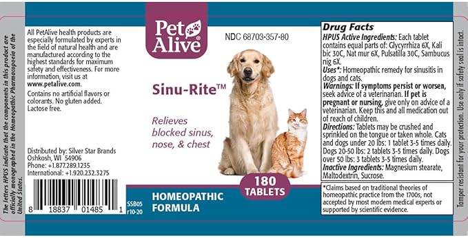 PetAlive Sinu-Rite Cat and Dog Nasal Congestion Relief - Homeopathic Tablets - Supports Temporary Relief from Sinus Congestion, Runny Nose, Facial Pressure - Dog and Cat Sneezing Treatment - 180 Count