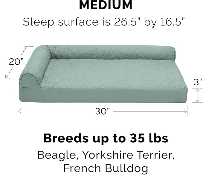 Furhaven Cooling Gel Dog Bed for Medium/Small Dogs w/ Removable Bolsters & Washable Cover, For Dogs Up to 35 lbs - Pinsonic Quilted Paw L Shaped Chaise - Iceberg Green, Medium