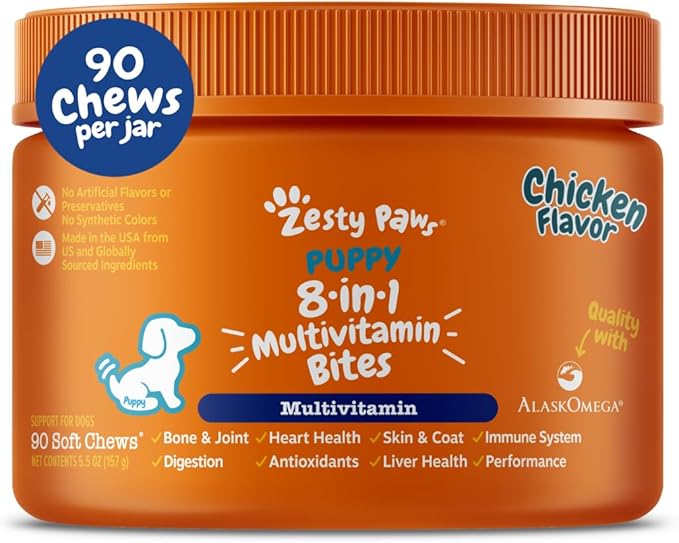 Zesty Paws Dog Multivitamin, Chewable Dog Vitamins and Supplements for Hip & Joints, Skin & Coat, Omega 3 Fish Oil for Dogs- Puppy Multivitamin - Chicken Puppy Bites- 90ct