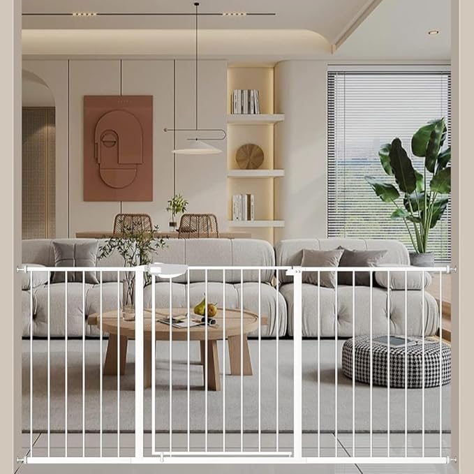 WAOWAO Triple Lock Baby Gate Extra Wide 62.59-67.32" Pressure Mounted Walk Through Swing Auto Close Safety White Metal Dog Pet Puppy Cat for Stairs,Doorways,Kitchen