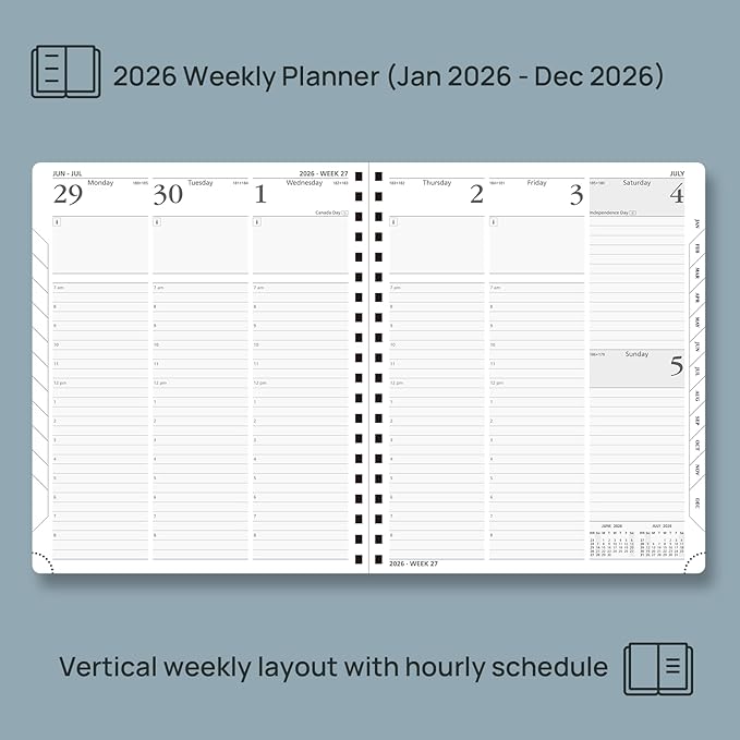 POPRUN 2026 Planner (Large - 8.5" x 10.5") with Hourly Schedule, Vertical Layout - 2026 Weekly Calendar (Jan. 2026 - Dec.2026) for Time Management, Monthly Tabs, Spiral Bound, Soft Cover - Brown