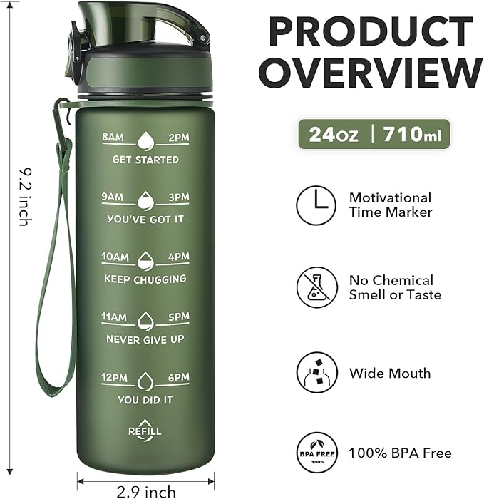 Enerbone Water Bottle, Leakproof BPA & Toxic Free, Motivational Water Bottle with Times to Drink and Straw, Fitness Sports Water Bottle with Strap for Office, Gym, Outdoor Sports