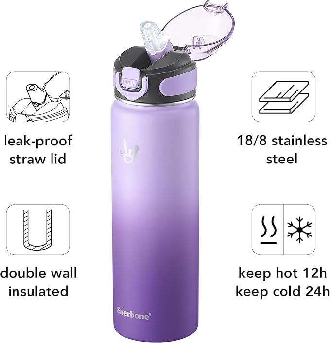 Enerbone 24 oz Insulated Water Bottle, Stainless Steel Bottle with Carrying Strap, Double-Wall Vacuum Insulation Design, Leakproof Sports Bottle with Straw, Keep Drinks Cold or Hot for Hours