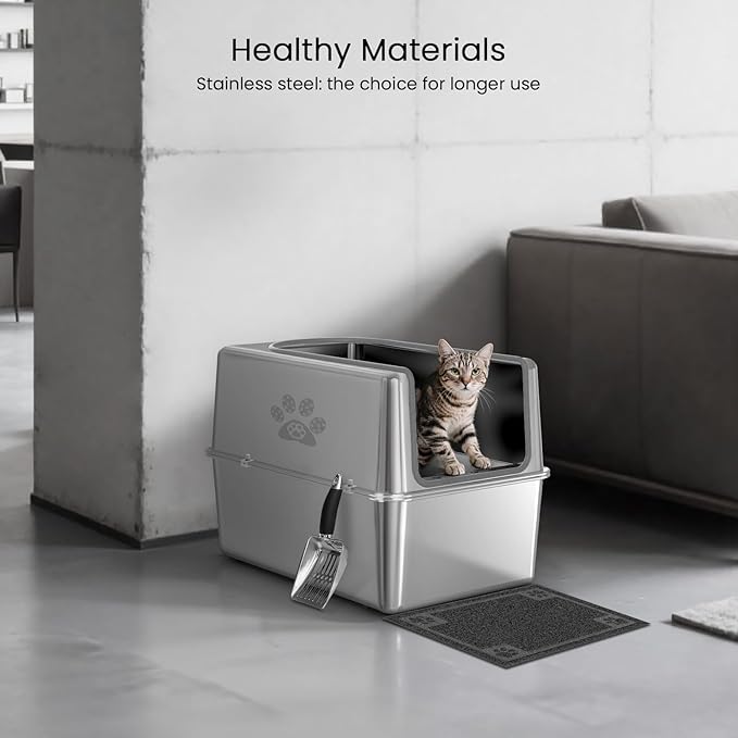 Enclosed Stainless Steel Cat Litter Box with Lid, XL Metal Litter Box for Big Cats, Extra Large Cat Toilet with High Side, Non-Stick, Anti-Leakage, Odorless, with Cats Litter Mat & Litter Scoop