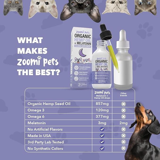 Melatonin + Organic Calming Hemp Oil for Dogs Anxiety and Stress Relief - Calming Drops Pet Hemp Oil for Dogs & Cats - Hip and Joint Support Supplement for Dogs Pain Management (2oz)