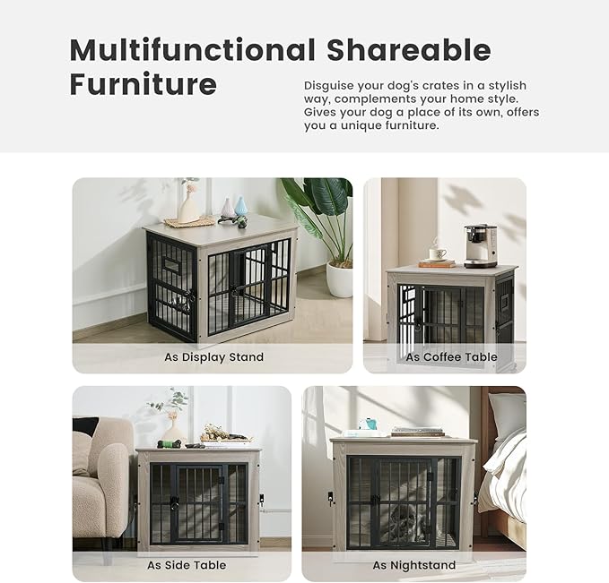 Gardner Pet Dog Crate Furniture for Small Dog, 27.2 Inches Dog Kennel Indoor, Wooden Dog Cage End Table, Heavy Duty Dog Crates, Rustic Grey