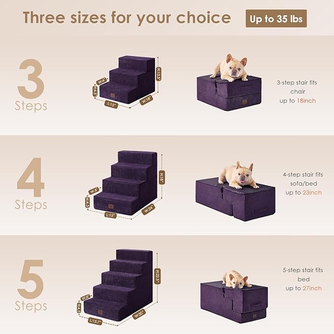 EHEYCIGA Dog Stairs for High Bed 22.5" H, 5-Step Dog Steps for Bed, Pet Steps for Small Dogs and Cats, Non-Slip Balanced Pet Ramp Indoor, Purple