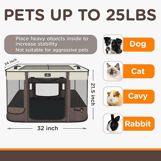 Foldable Pet Kitten Playpen, Upgrade Waterproof Portable Cat Dog Playpen Kennel Tent for Small Dog Cat, Removable Shade Cover, Indoor Outdoor Use for Small Pet, Brown