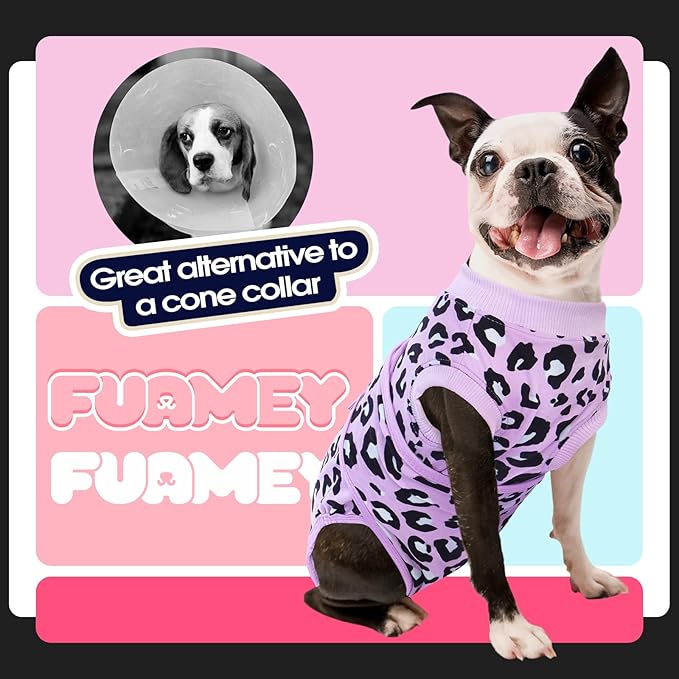 FUAMEY Recovery Suit for Dogs After Surgery,Soft Breathable Dog Bodysuit E-Collar & Cone Alternative Surgical Suit,Male Female Dog Neuter Spay Suits Anti Licking Wounds Onesie Purple Leopard XS